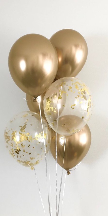 6 Gas filled gold and gold confetti white Balloons tied to ribbons
